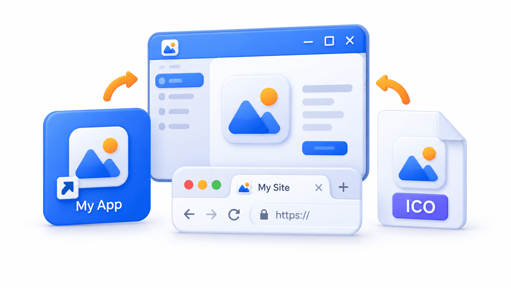 ICO used for a desktop app, shortcut, file icon, and browser favicon