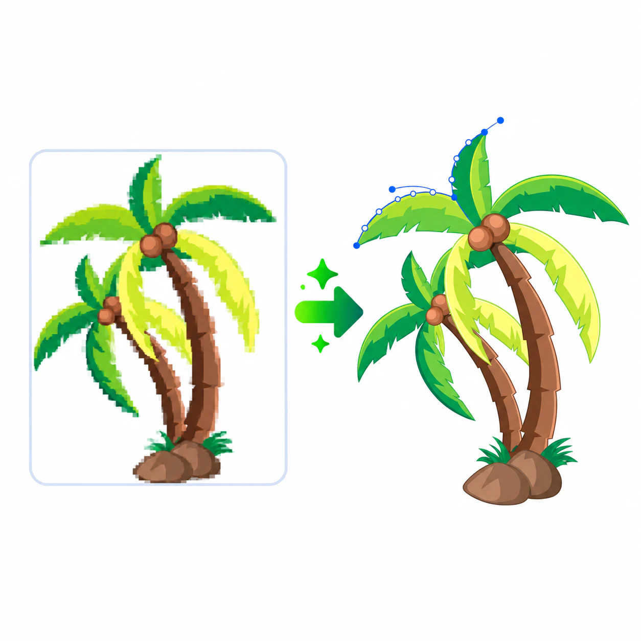 A pixelated coconut palm illustration transforming into crisp vector paths with Bezier control points