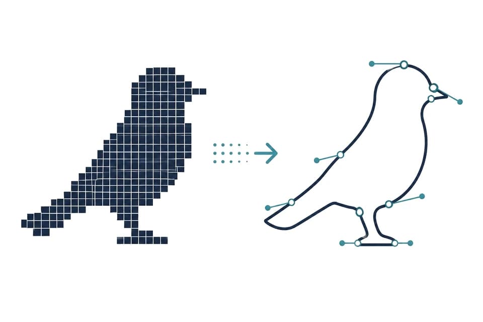A pixelated hummingbird transforming into clean vector paths with Bézier control points