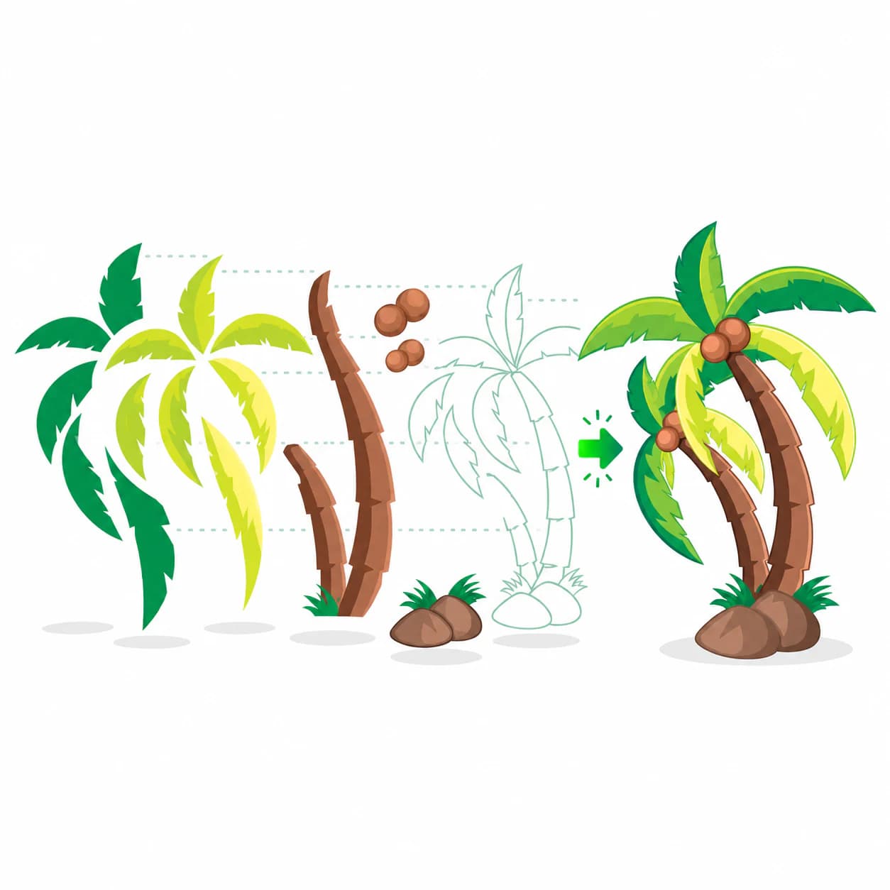 A coconut palm illustration separated into clean, aligned multicolor SVG layers