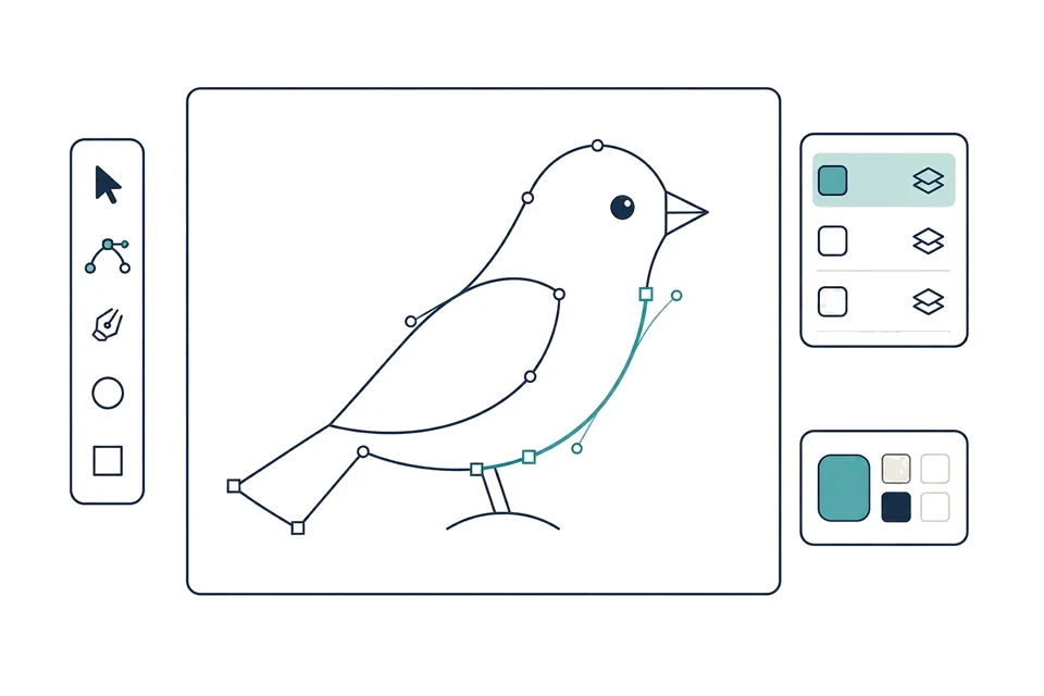 Editable vector shapes with anchor points, curve handles, layers, and color controls