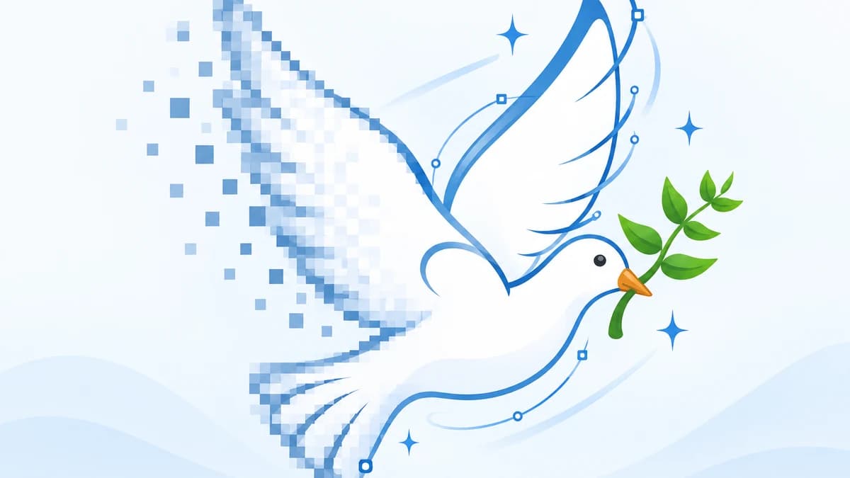 A blue and white dove transforming from pixels into editable vector paths