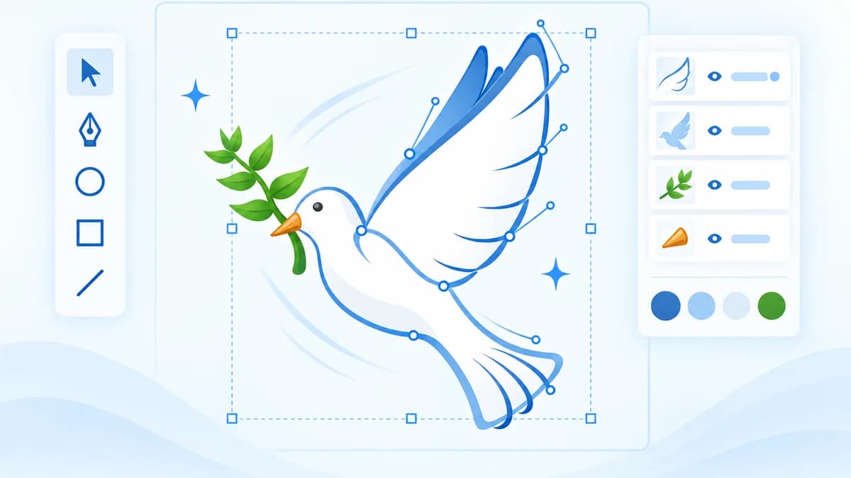 A blue and white dove in a vector editor with layers, color swatches, and Bezier controls