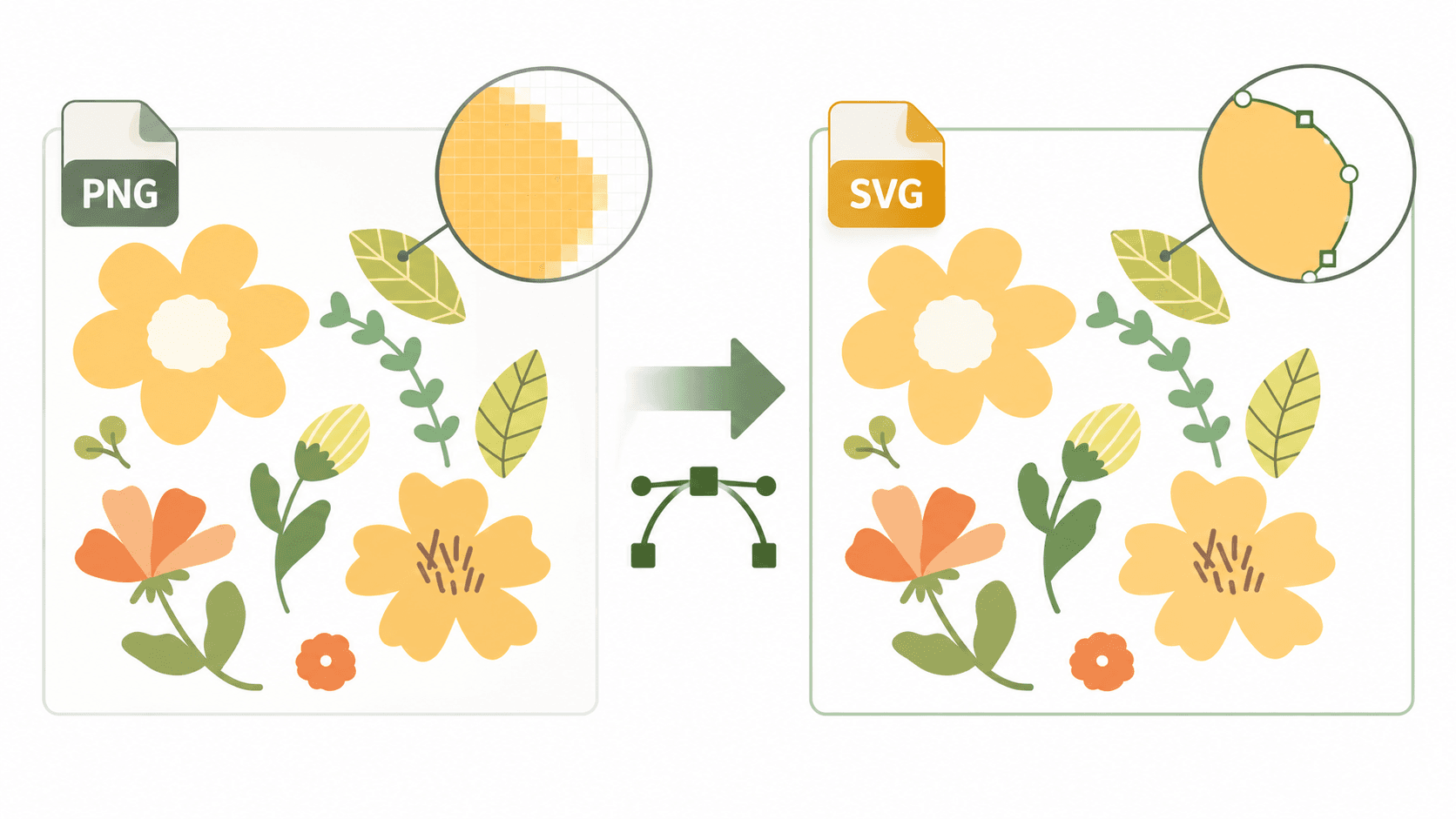 A floral PNG illustration being converted from visible pixels into editable SVG vector paths
