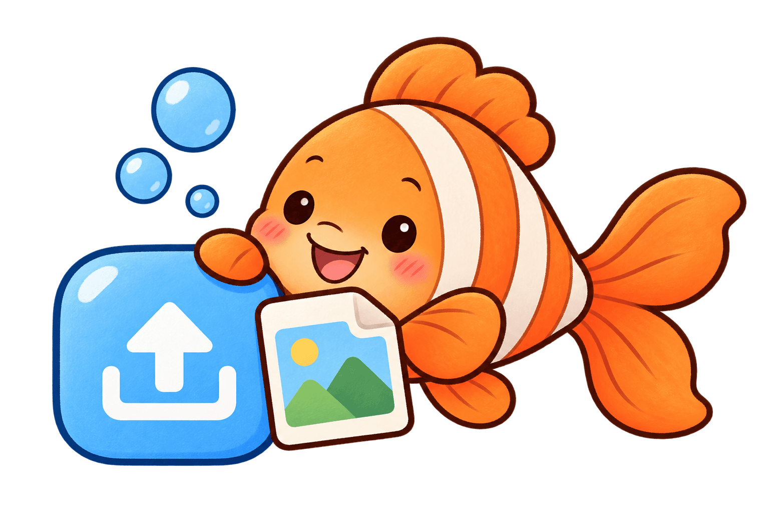 Cheerful clownfish beside an upload icon and image file