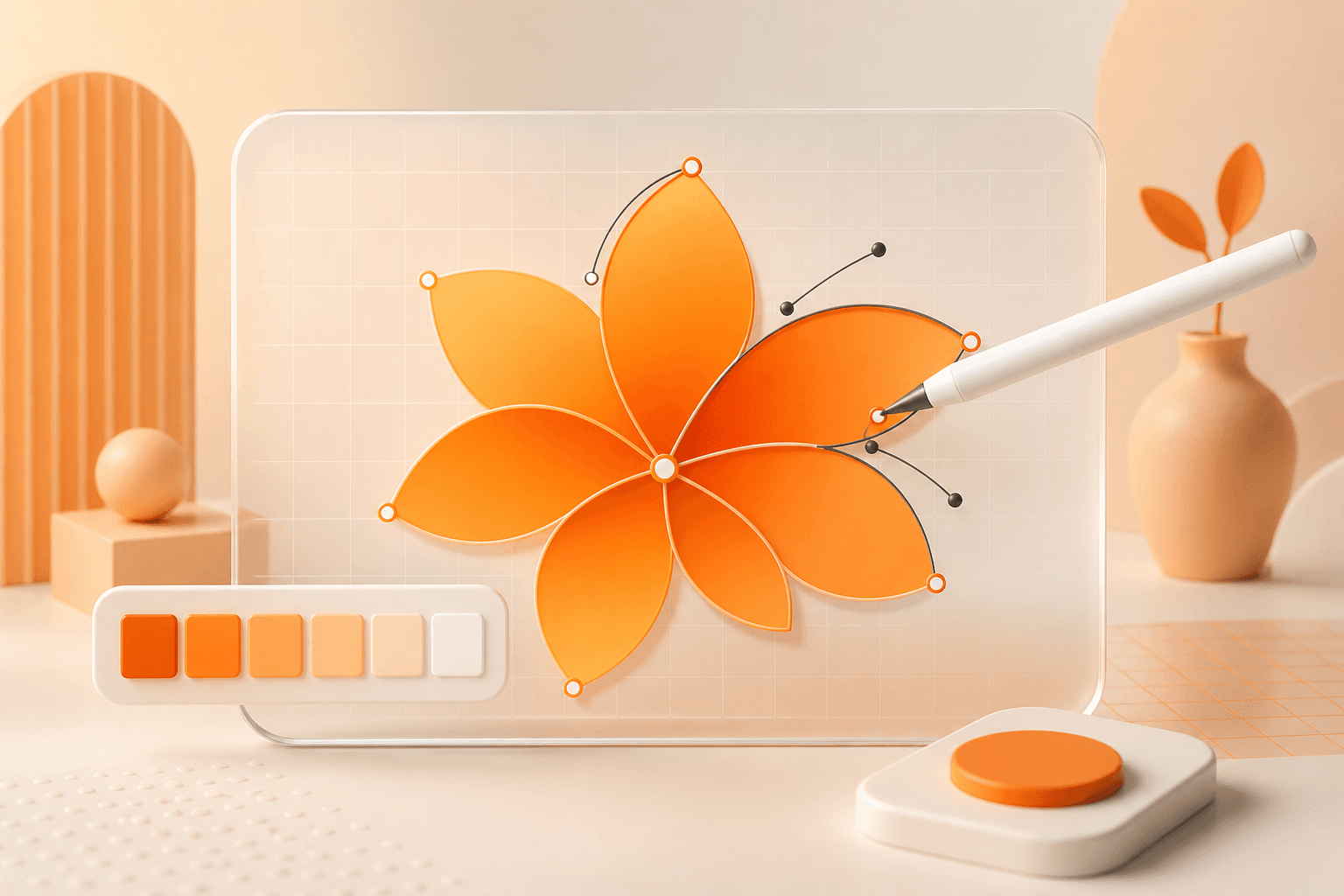 A vector flower being edited with anchor points and curve handles