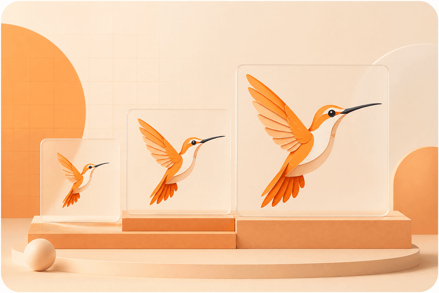 The same crisp hummingbird vector displayed at three different sizes